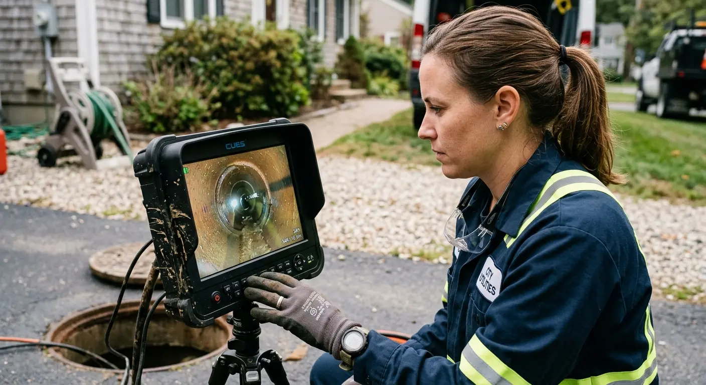 Technician reviewing sewer camera inspection footage in East Cocalico