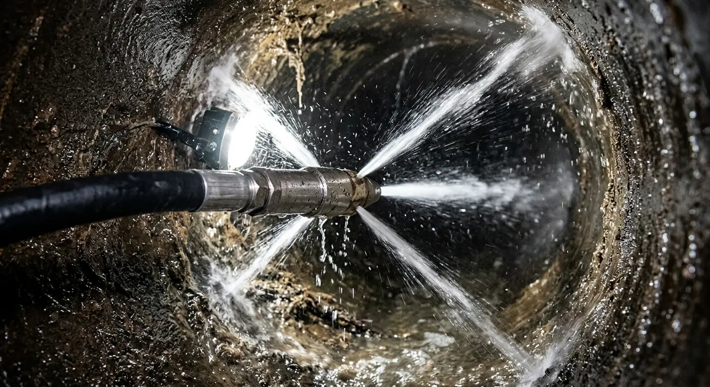 High-pressure hydro jetting nozzle cleaning sewer pipe for Emergency Drain Service in East Cocalico