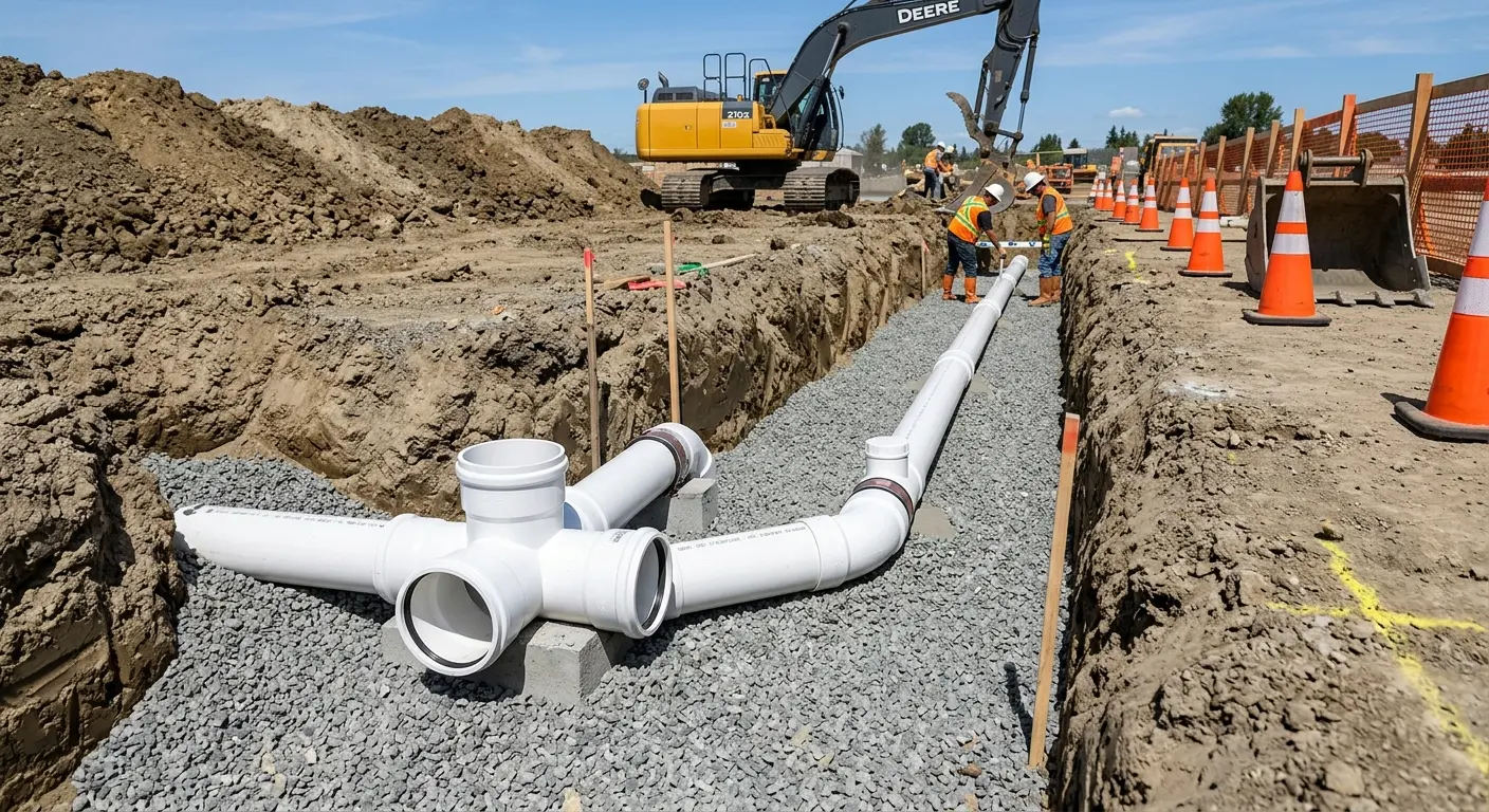 New PVC sewer pipe installation in open trench for Commercial Drain Cleaning in East Cocalico