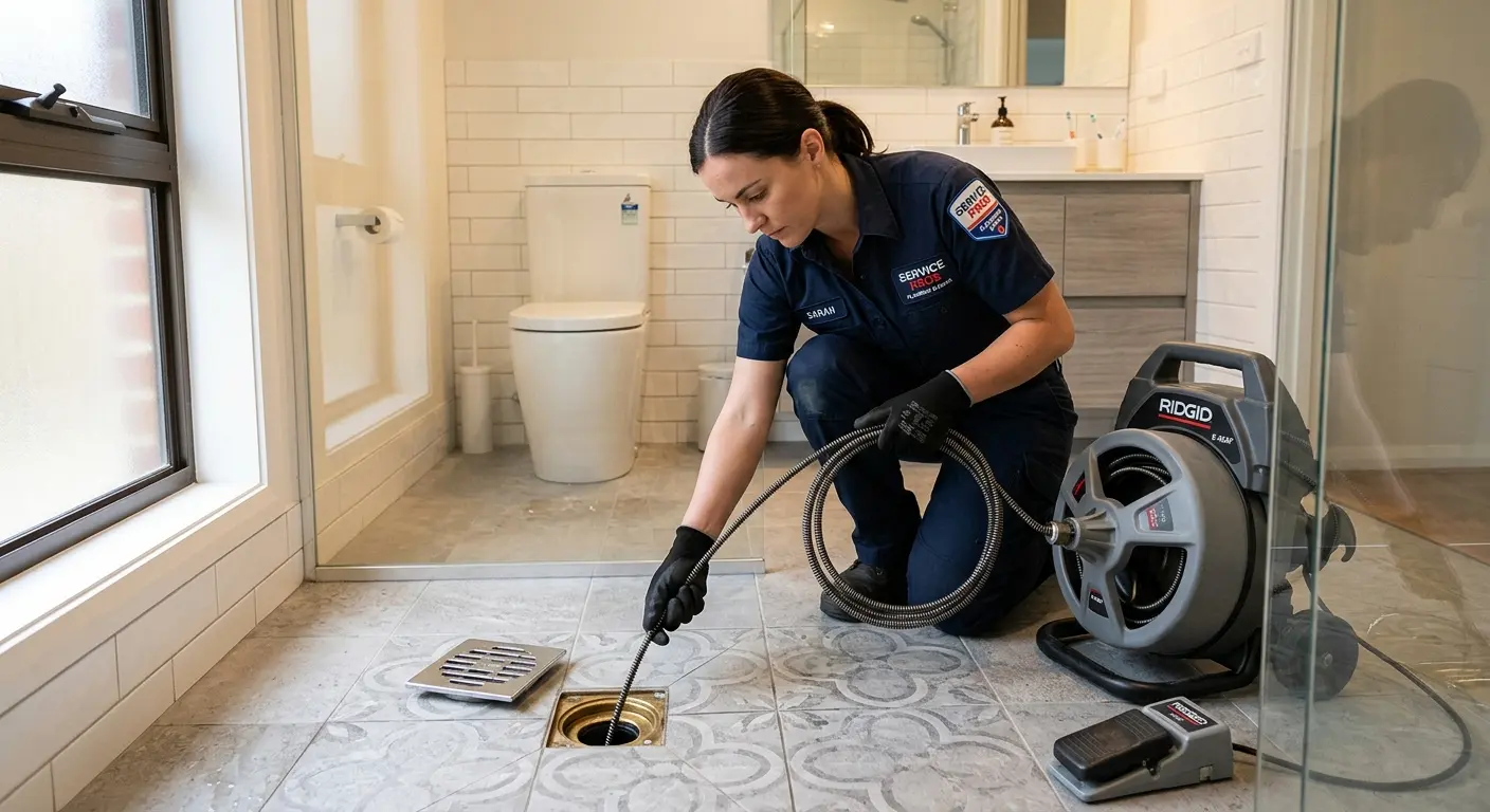 Technician clearing a bathroom floor drain for Drain Repair in East Cocalico